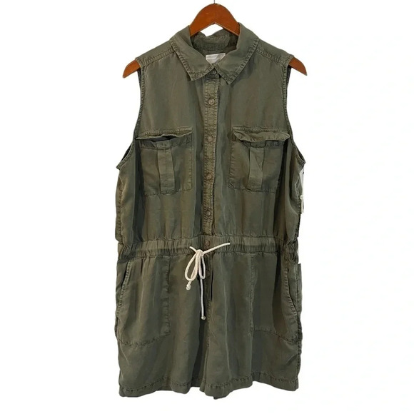 Caslon NWT Olive Green Romper XXL Drawstring Waist Pockets Button Up Collared - Picture 1 of 11